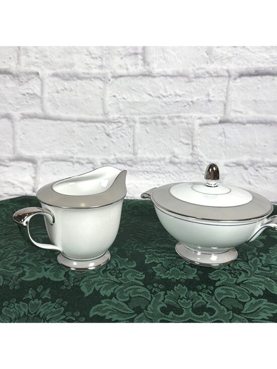 Sango Other - Vintage Sango Platina Sugar Bowl Lid Creamer Set Japan MCM White Gray Platinum